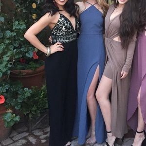 Blue, silky, open-back evening dress